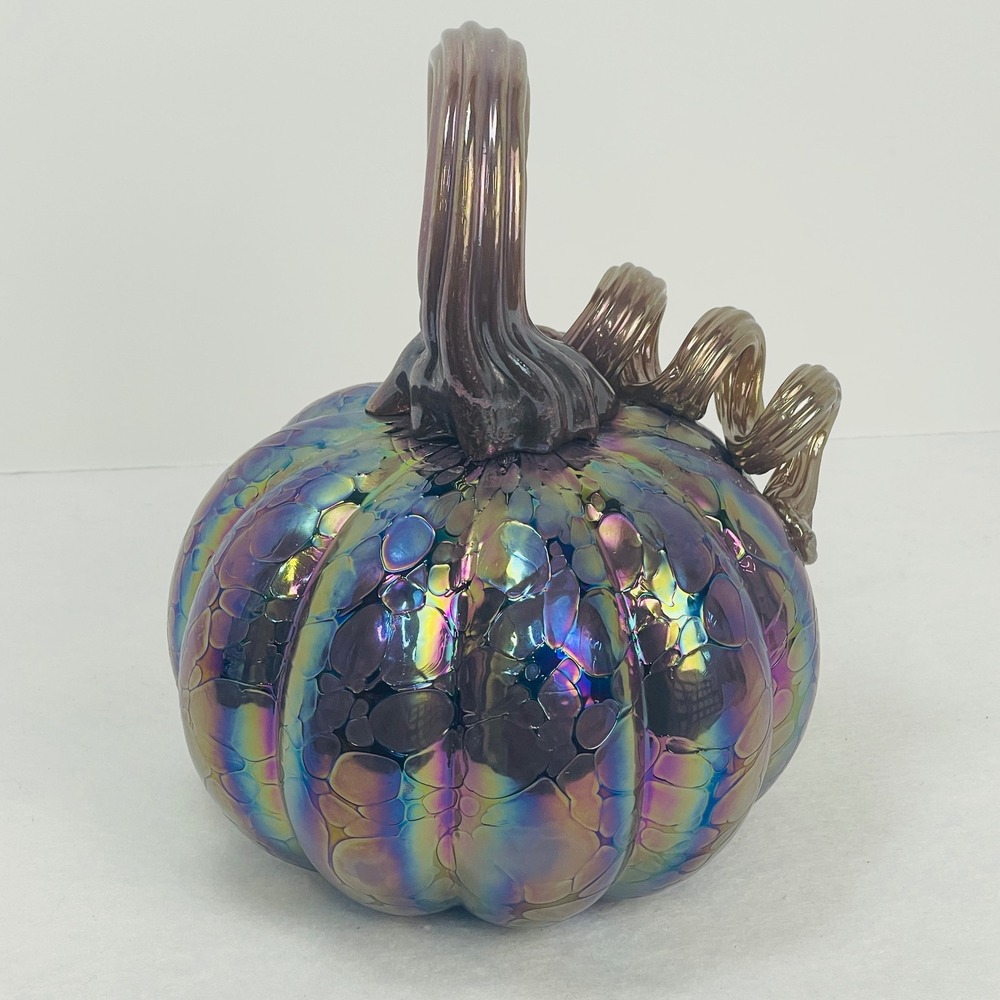 Tahari Home Iridescent Glass Pumpkin Oil Slick Rainbow Bubble Decor 7.5 Inch NEW - Picture 12 of 16